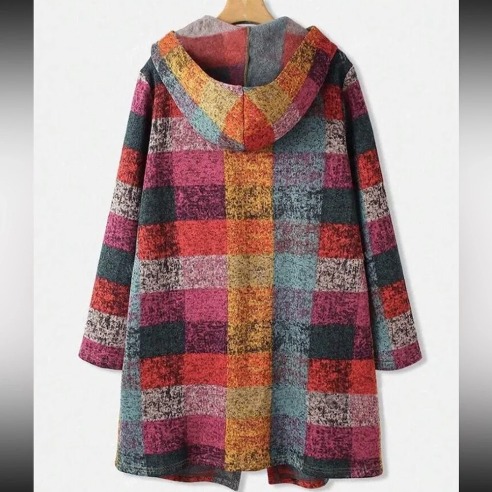 Luxe Plaid Checkered Long Sleeve Pocket Knit Hoodie Sweater Light Coat Brushed - Picture 2 of 8